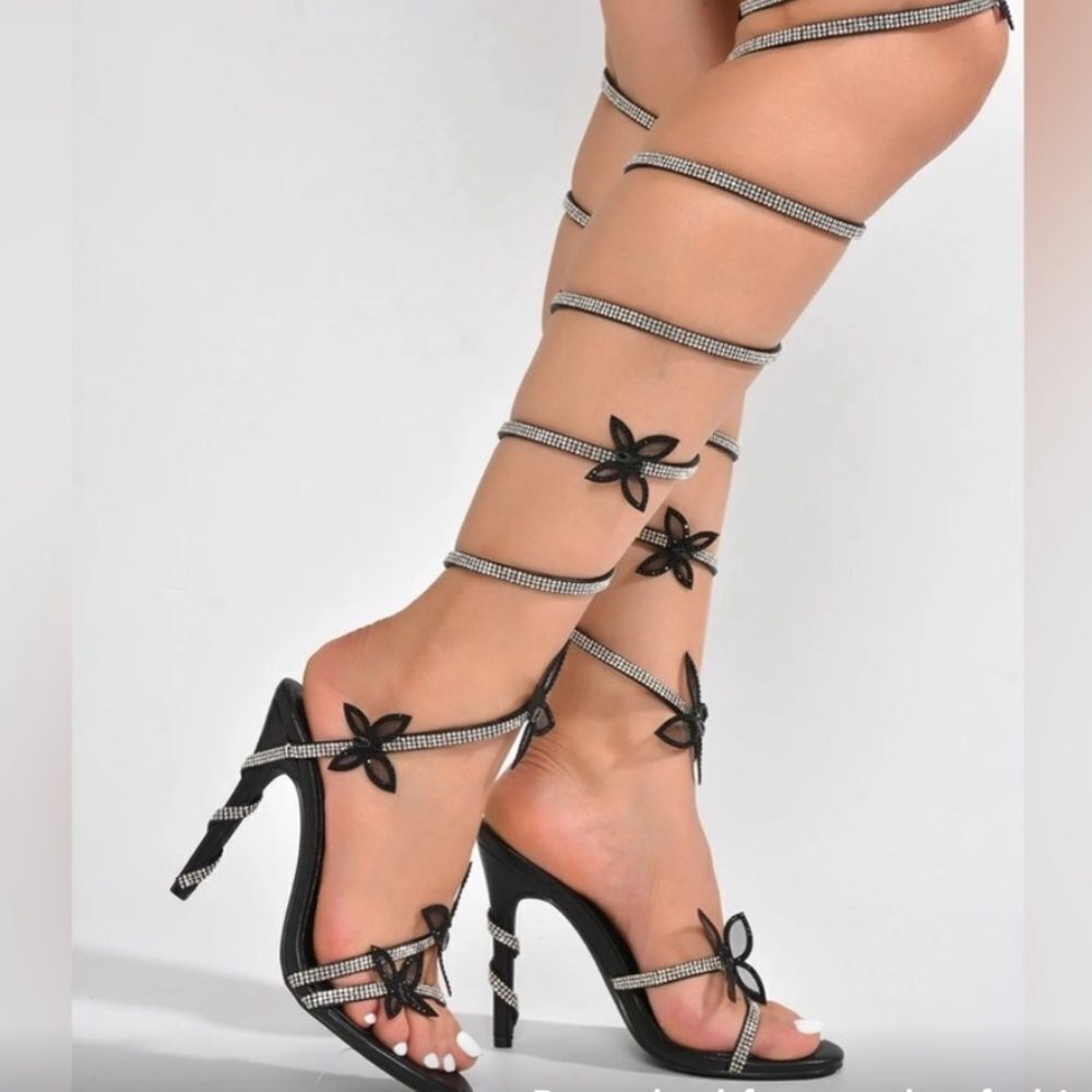 Silver and Black Strappy Butterfly Heels - Picture 3 of 3